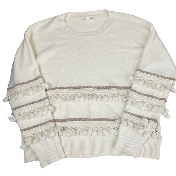 Amoli Knitwear Golden Cream Tassel Fringe Layer Boho Sweater S/M - Picture 6 of 11
